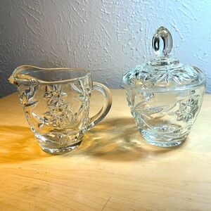 Vintage anchor hocking Preset clear glass lidded sugar bowl, and creamer set